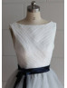 Boat Neck Ivory Lace Gray Tulle Short Bridesmaid Dress